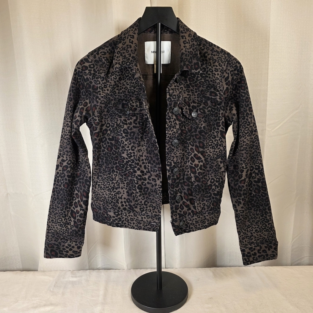 Nine West Leopard Print Denim Jacket Small Stretch Animal Print Jean Jacket